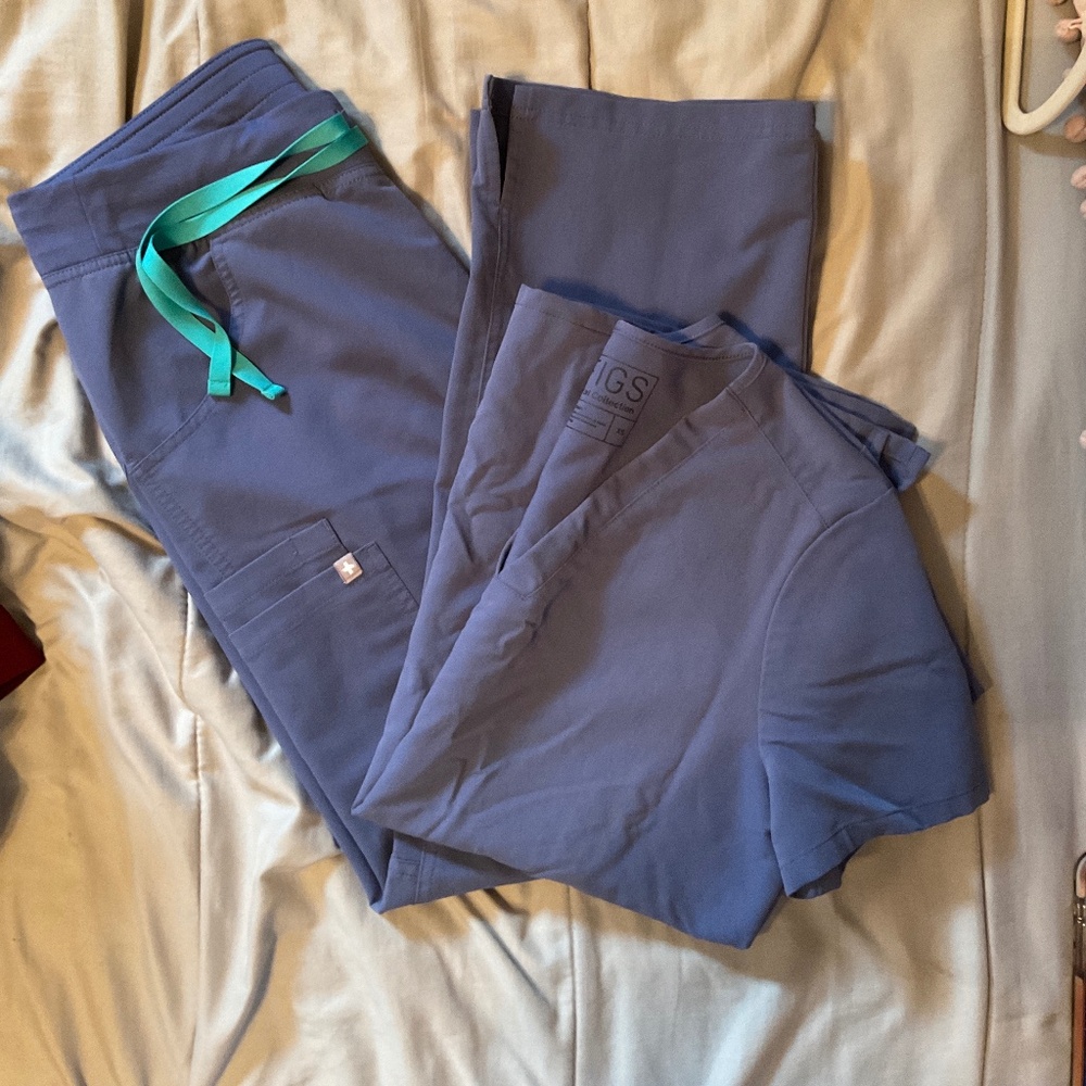 Figs Blue Scrub Set with Teal Tie